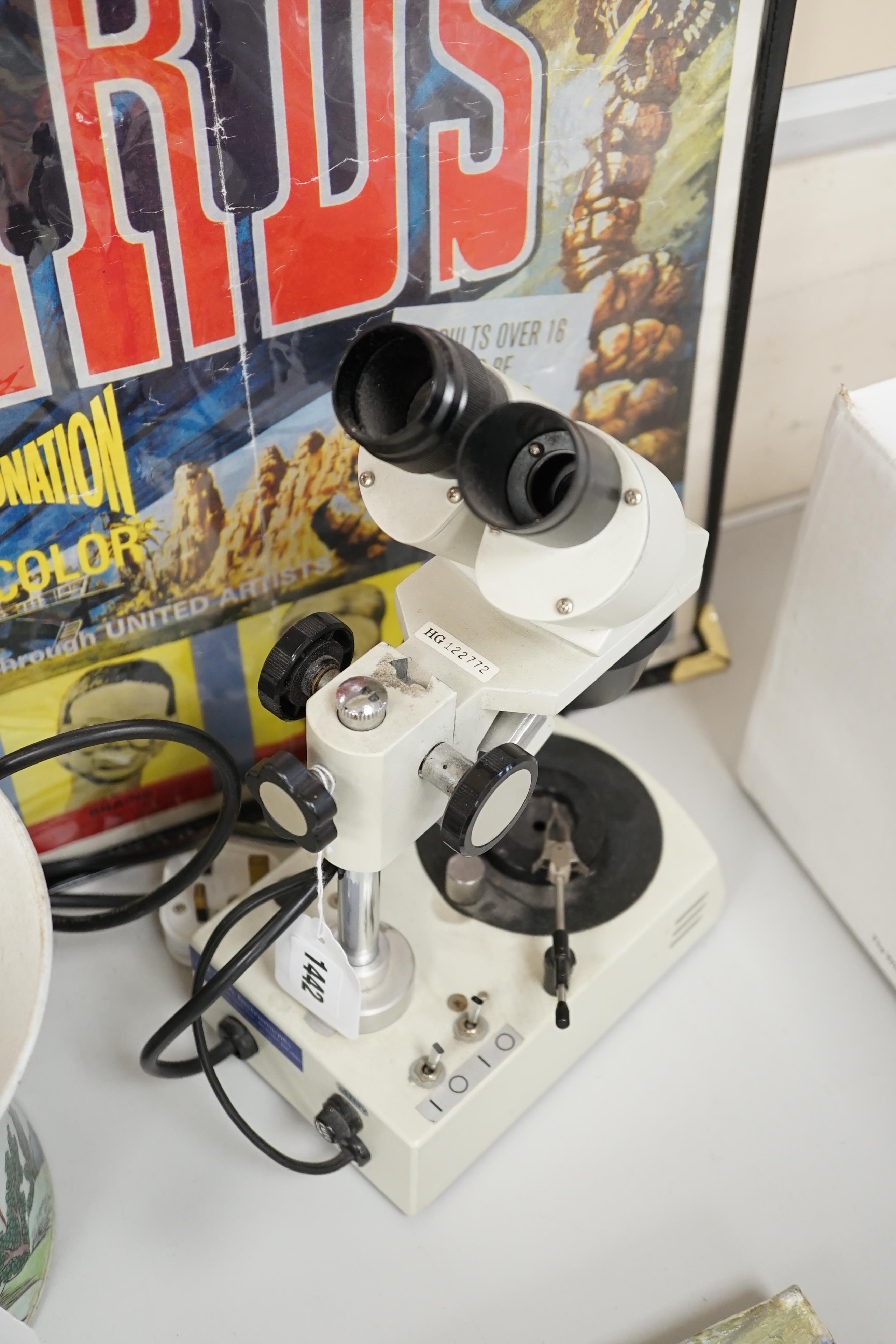 A Gem A Instruments binocular microscope, 31cm high. Condition - fair with some wear and possible parts missing.